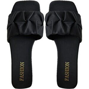 Women's Black Pleated Square Toe Trendy Summer Slide Flat Sandals Shoes